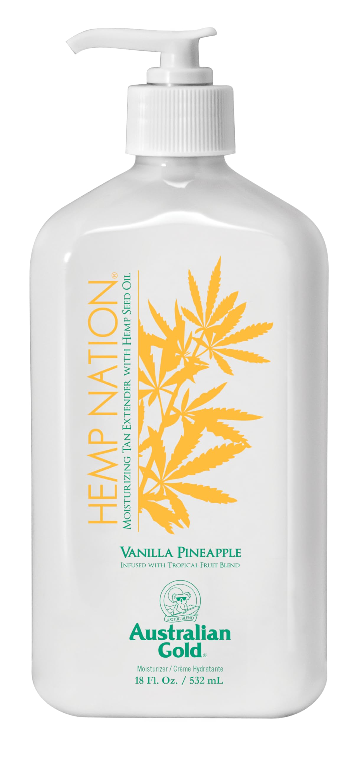 Australian Gold Hemp Nation Vanilla Pineapple Lotion — bouteille pompe, hydratation rapide pour peau douce.