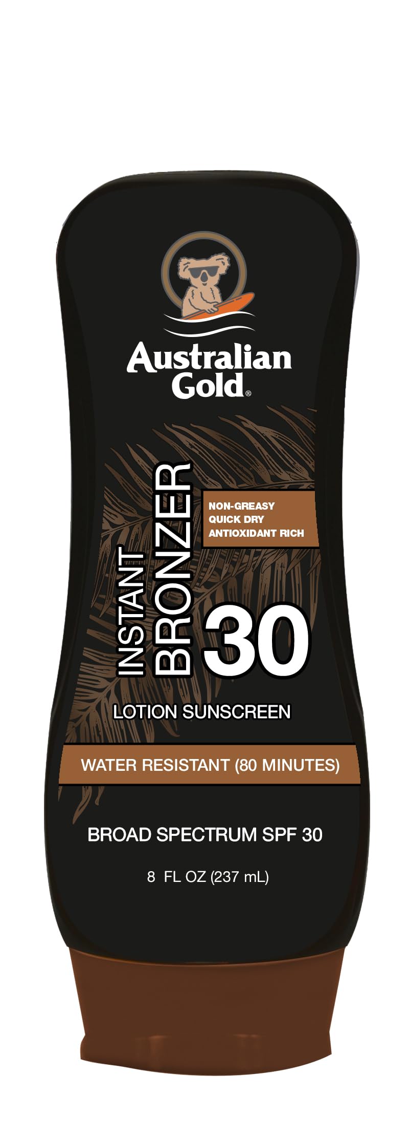 Lait solaire Australian Gold avec bronzage instantané pour teint contrôlé.