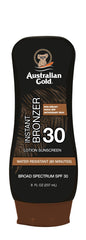 Lait solaire Australian Gold avec bronzage instantané pour teint contrôlé.