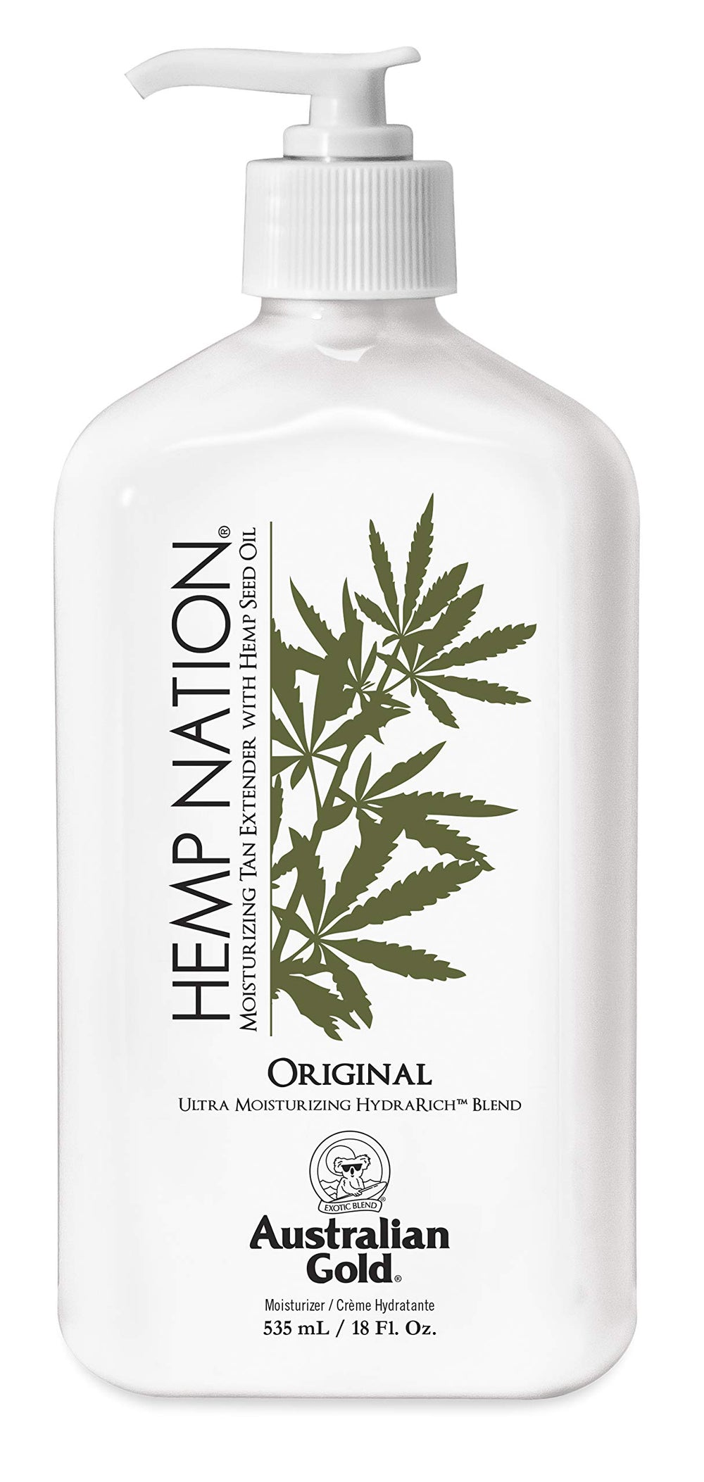 Australian Gold Original Hemp Nation, lotion extendeur-bronzage hydratant pour peau éclatante et douce.