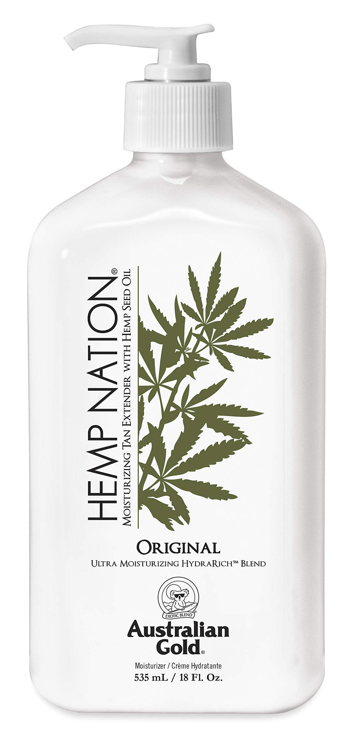 Australian Gold Original Hemp Nation, lotion extendeur-bronzage hydratant pour peau éclatante et douce.