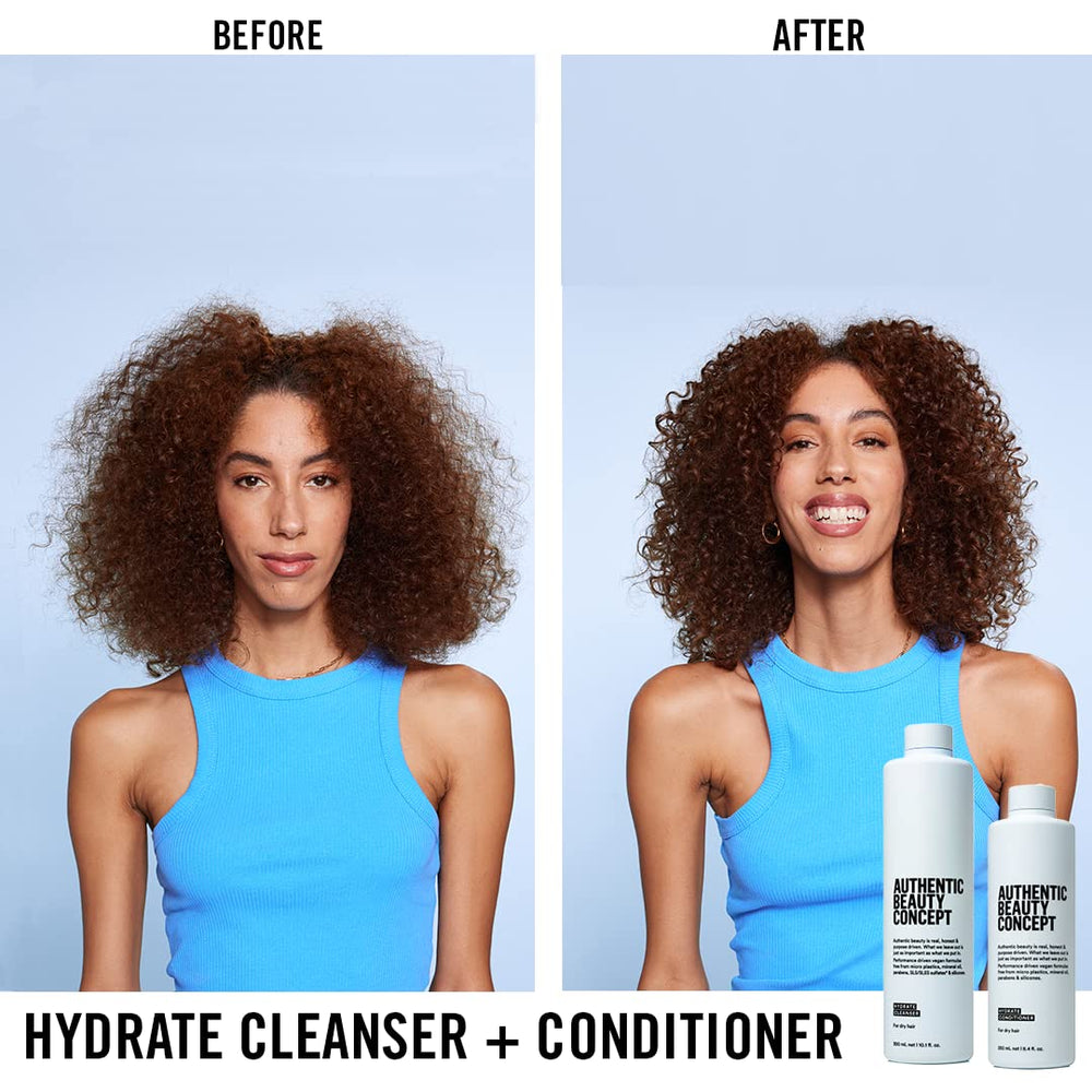 Étiquette durable et flacon recyclable sur Hydrate Cleanser Authentic Beauty Concept.