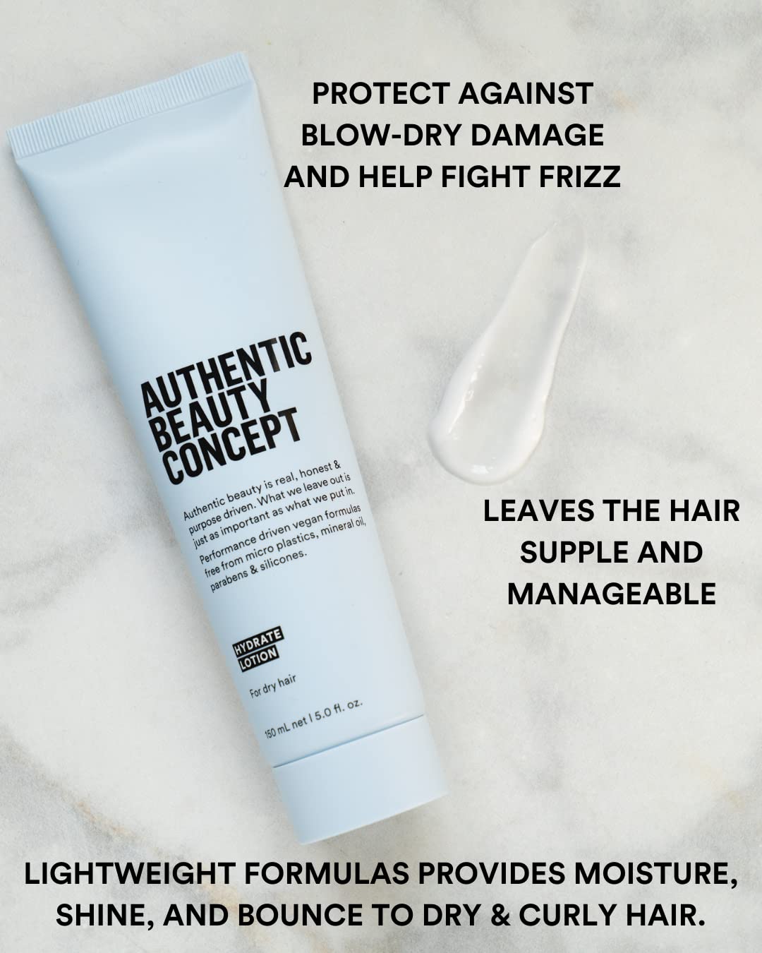 Hydrate Lotion texture crème légère pour cheveux soyeux et faciles à coiffer.