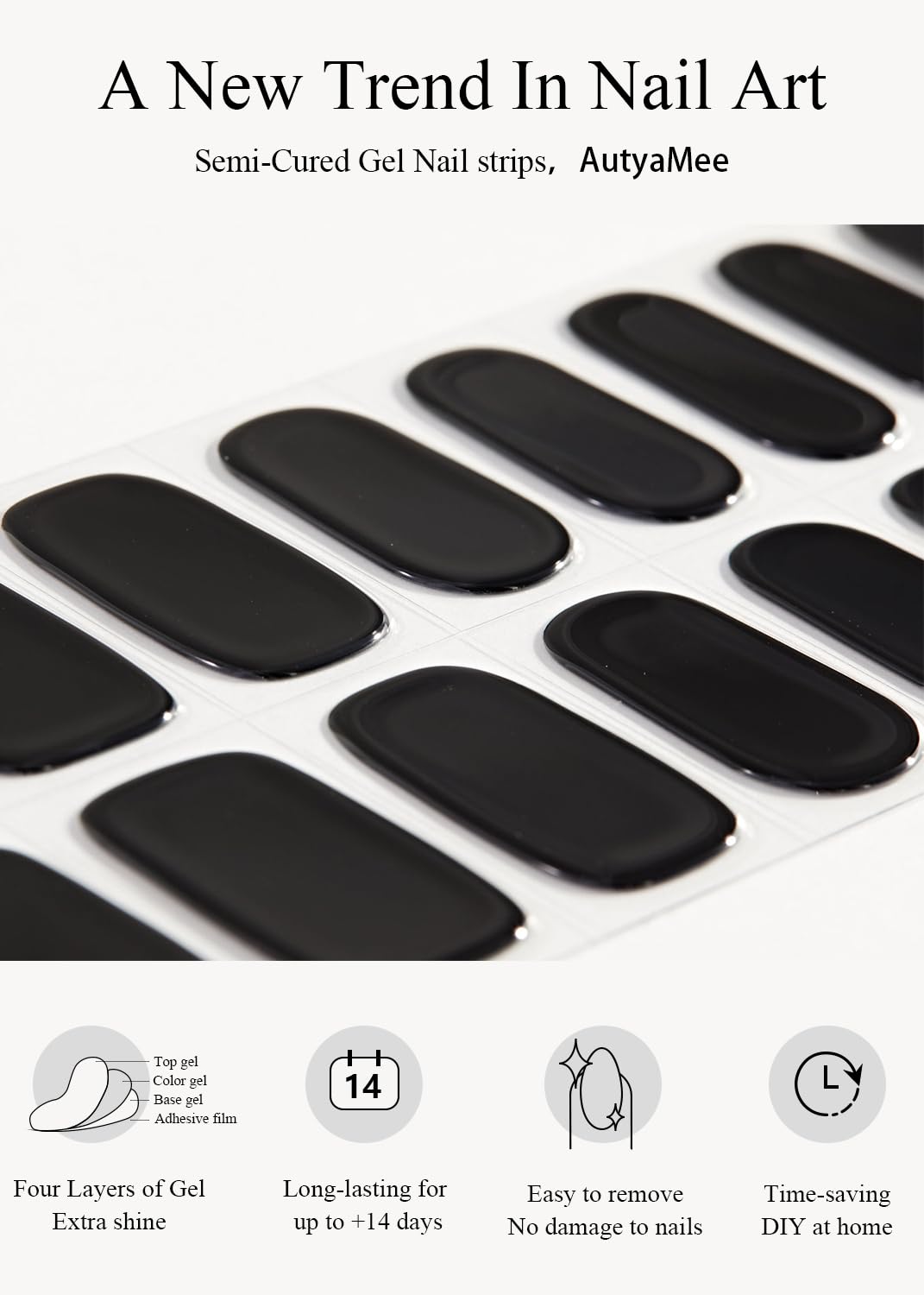 AutyaMee bandes-ongles-gel-noir-n03 offre 10 tailles ajustables.