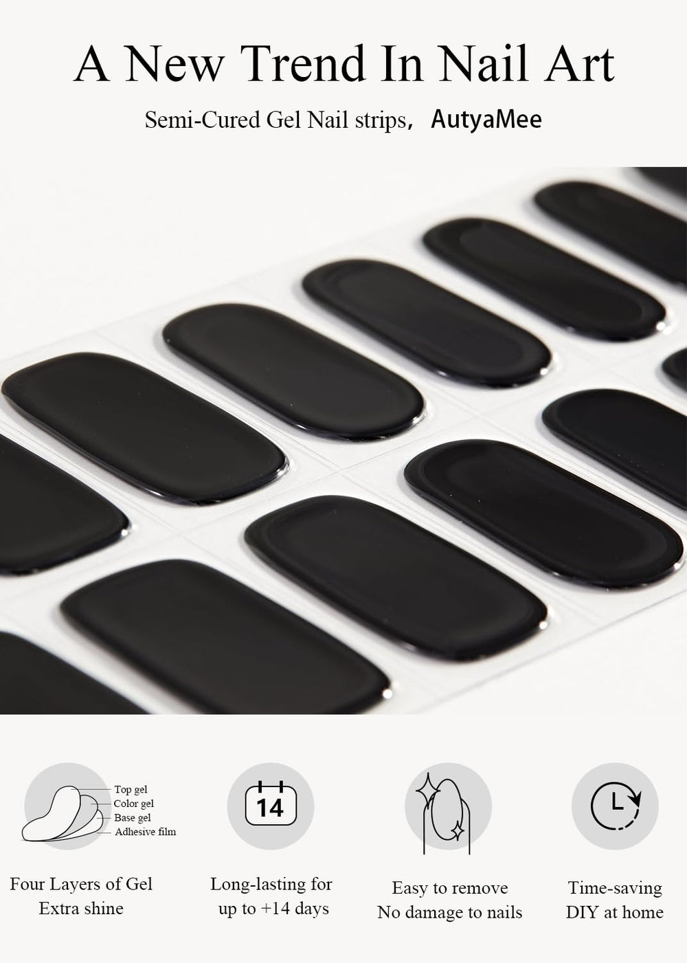 AutyaMee bandes-ongles-gel-noir-n03 offre 10 tailles ajustables.