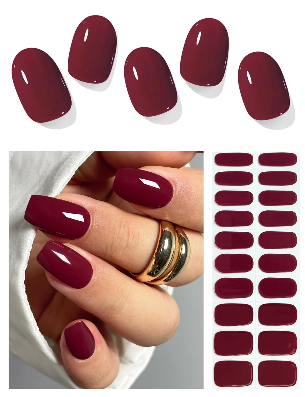 AutyaMee bandes gel burgogne rouge, manucure rapide et élégante à domicile.