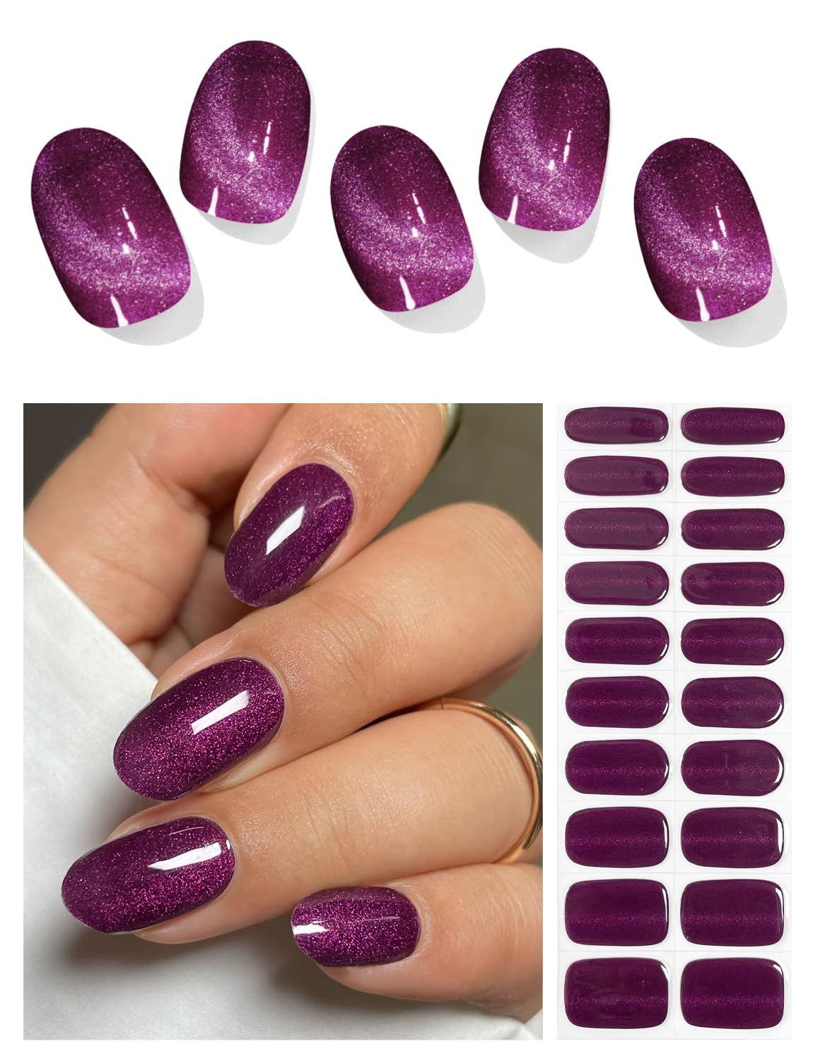 AutyaMee bandes gel prune profond effet Cat Eye pour une manucure sophistiquée.
