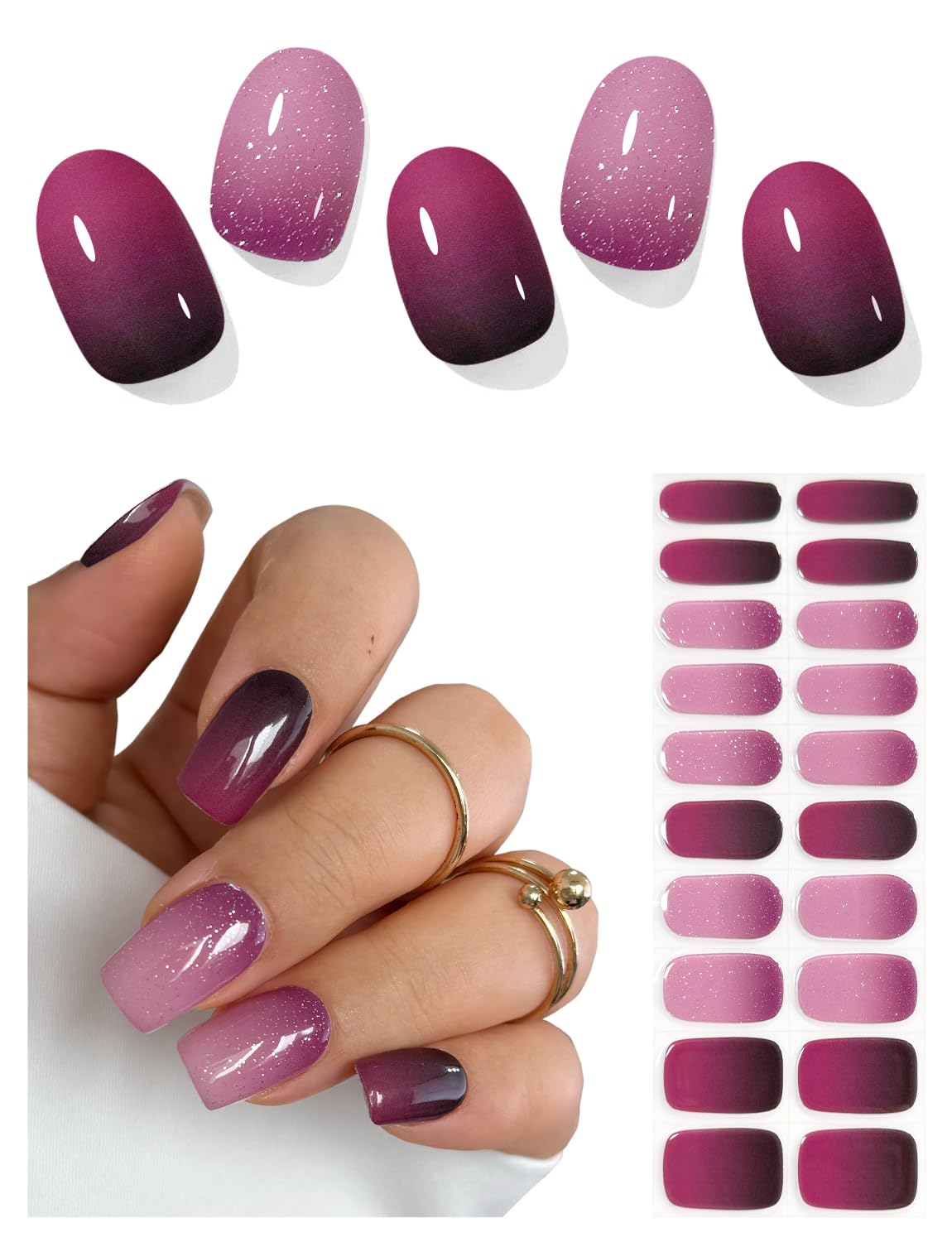 AutyaMee strips gel violet pailleté sur ongle pour un look festif à domicile.