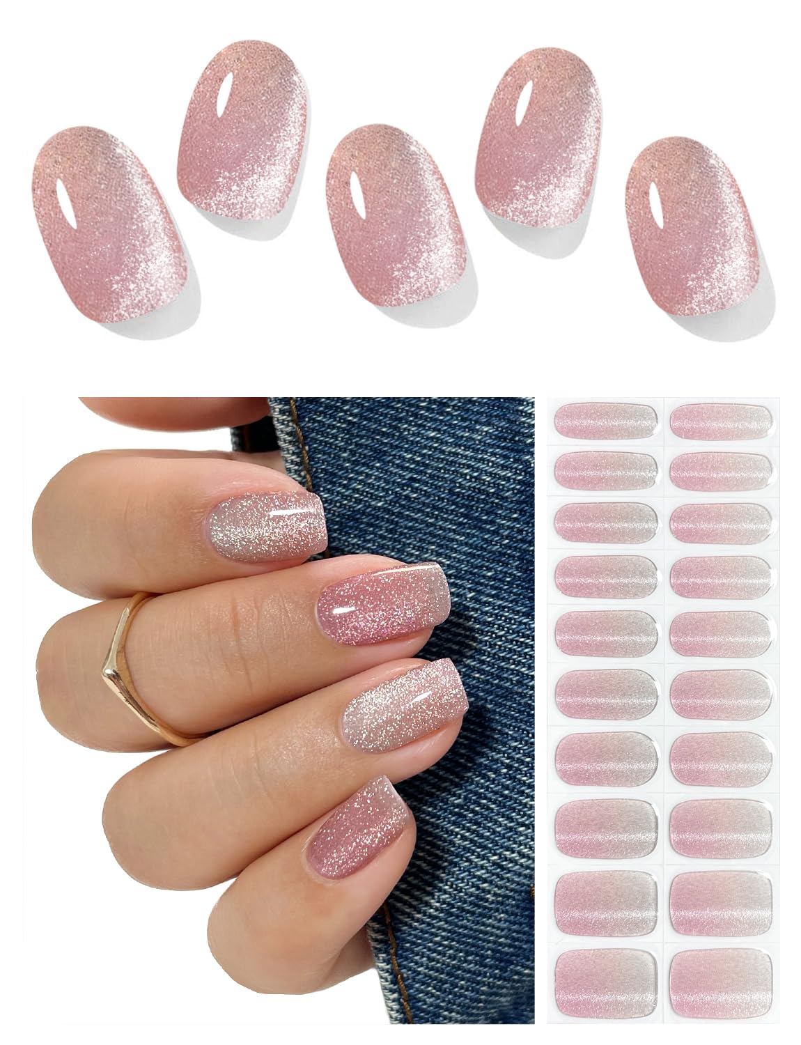 AutyaMee Strips gel semi-cuit rose ombre effet oeil-de-chat pour une manucure durable