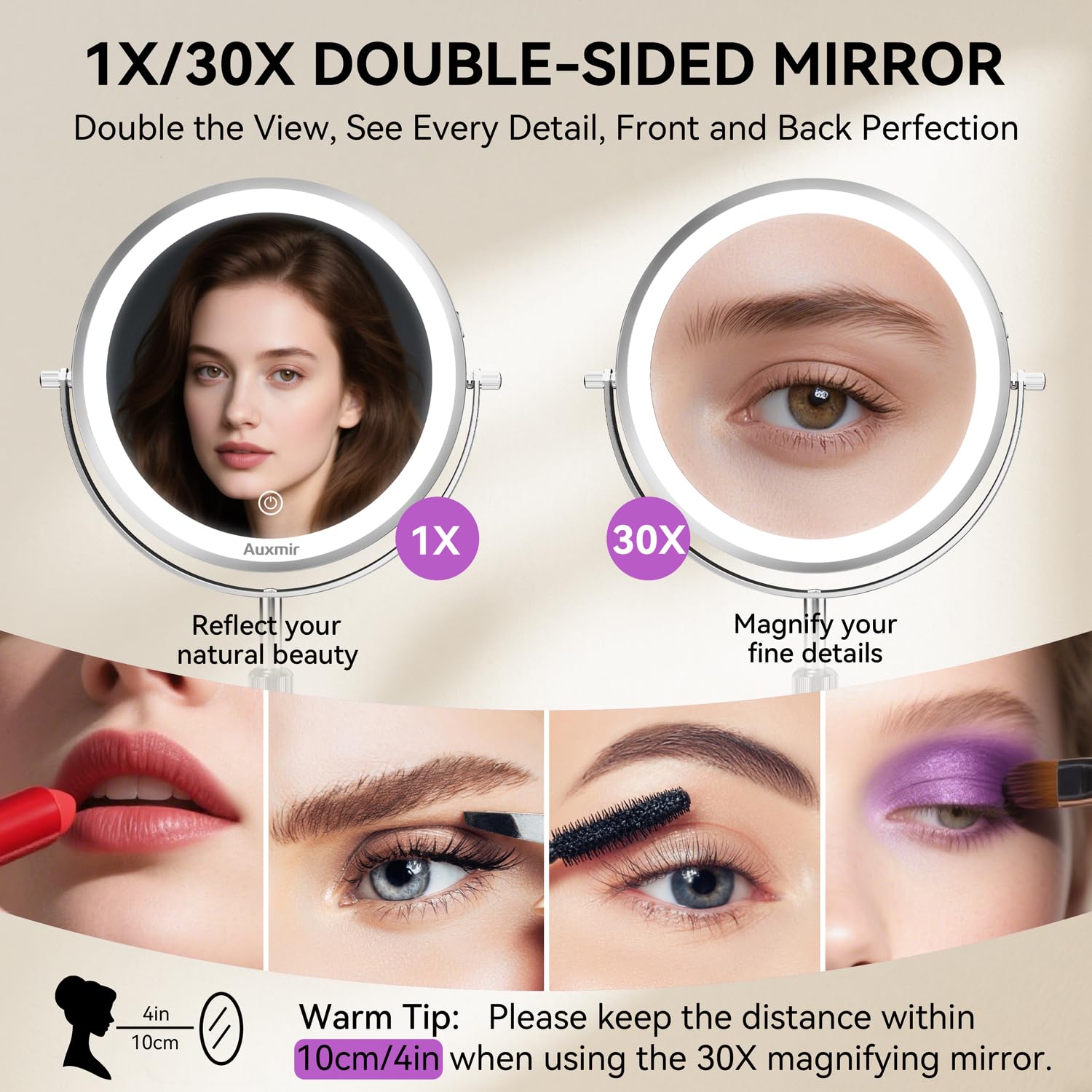 Auxmir miroir 1X/30X, idéal pour les détails des cils et sourcils.