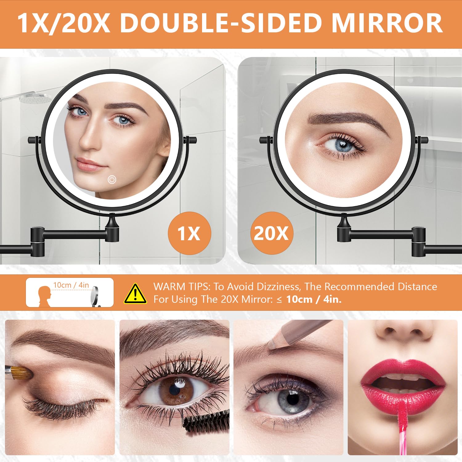Auxmir miroir double-face 1X/20X, contraste clair pour contours et détails.