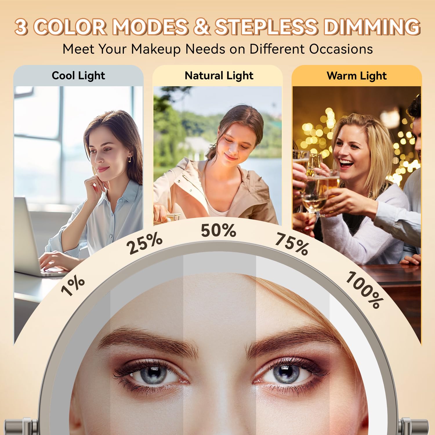 Éclairage tactile Auxmir, 3 couleurs, lumière adaptée à chaque routine beauté.