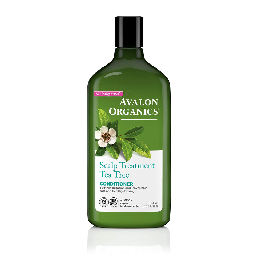 Avalon Organics Après-shampooing Tea Tree sur la bouteille, rafraîchit le cuir chevelu.