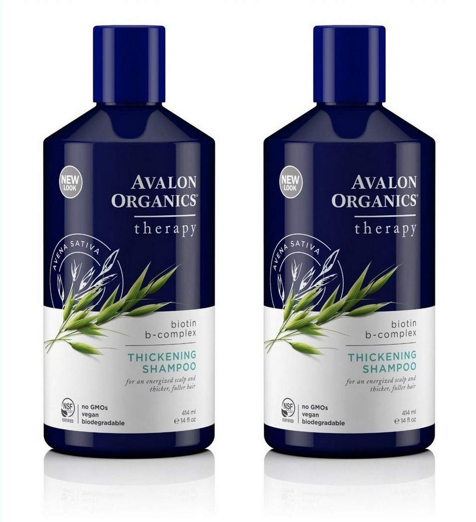 Shampooing Biotine B-Complex d'Avalon Organics – bouteille lumineuse, cheveux visiblement plus épais.