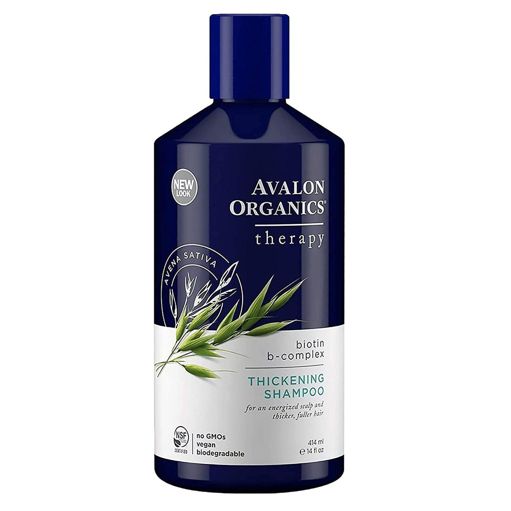 Étiquette du shampooing Avalon Organics Biotine B-Complex – design naturel et informatif.