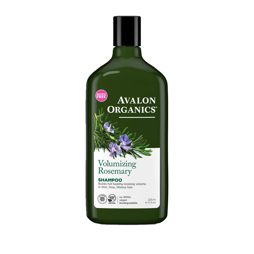 Avalon Organics Shampoing Romarin – bouteille montrant le conditionnement, promesse de volume