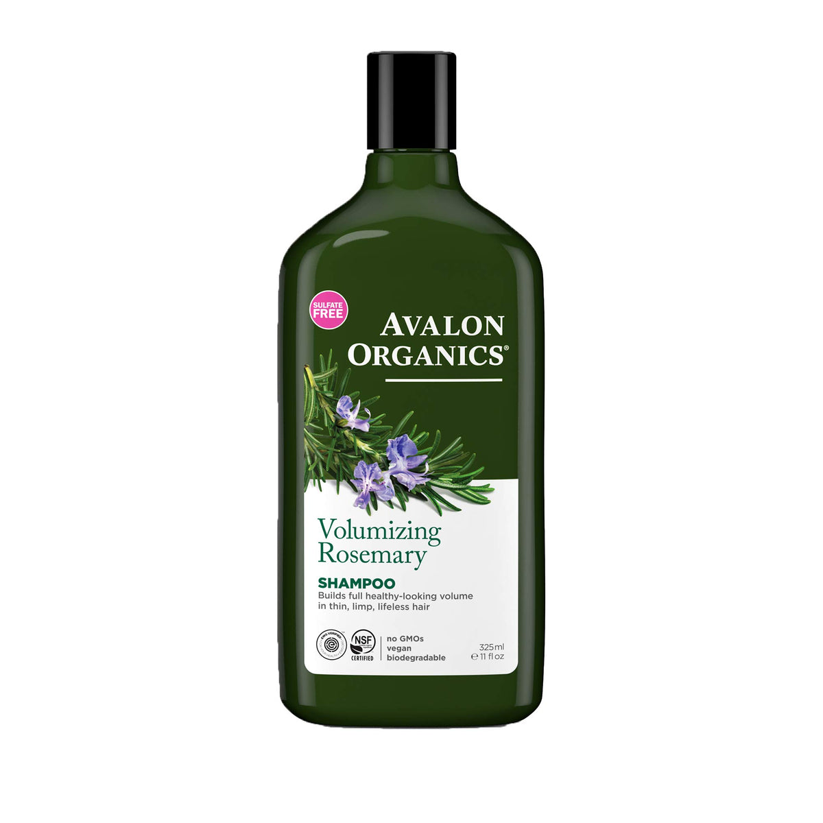 Avalon Organics Shampoing Romarin – bouteille montrant le conditionnement, promesse de volume