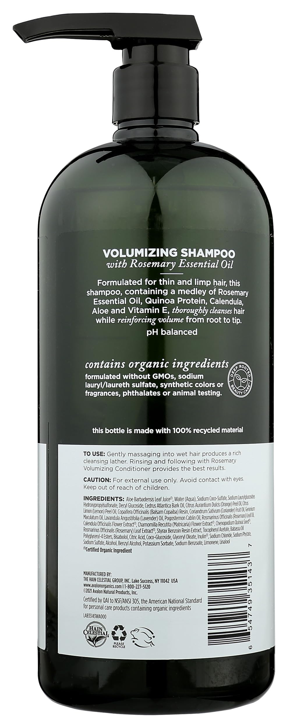 Ingrédients biologiques dans Avalon Organics Shampoing Romarin