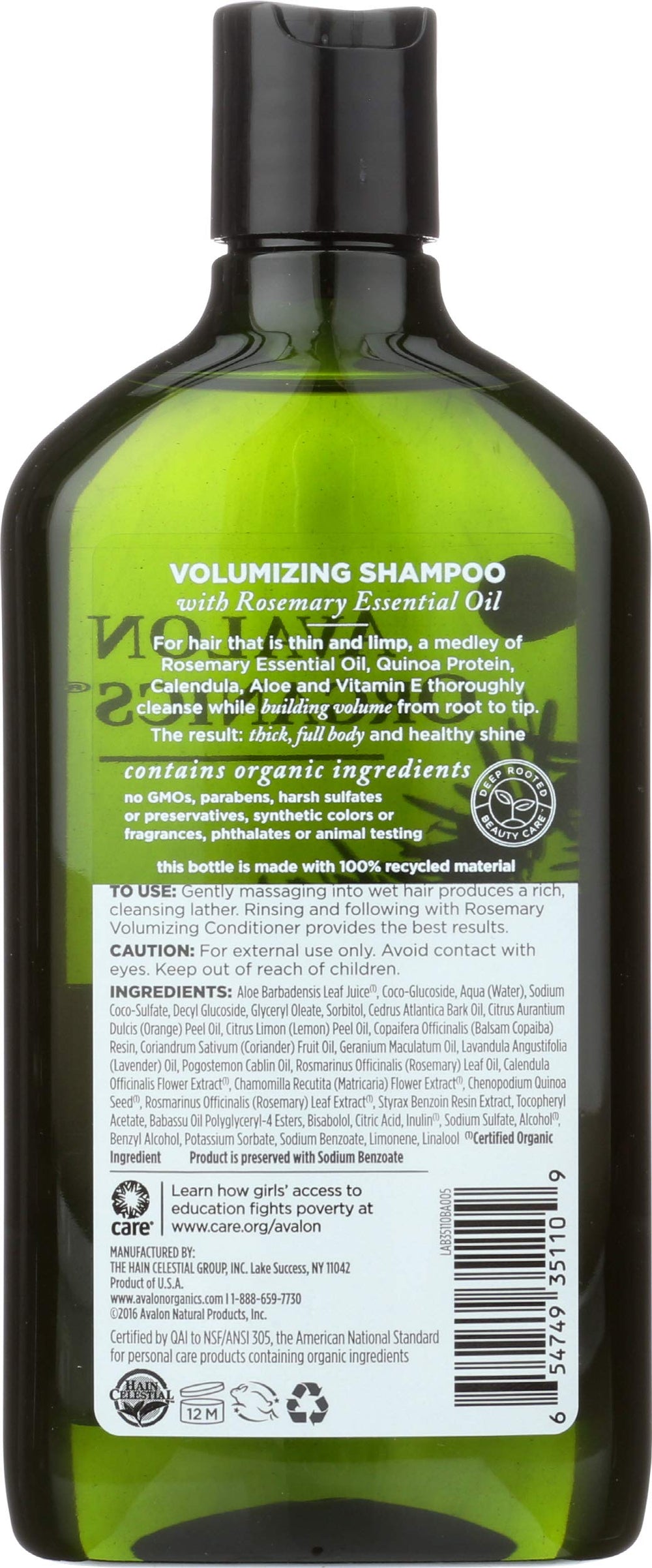 Avalon Organics Shampoing Volume Romarin - etiquette, composition biologique et naturelle