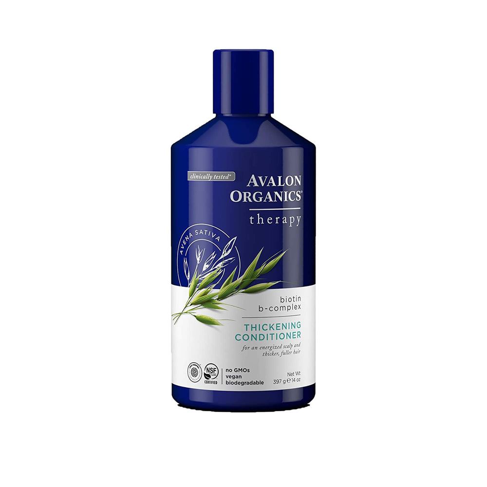Avalon Organics Therapy Biotin B-Complex bouteille épaisse et recyclable pour soin capillaire biologique.