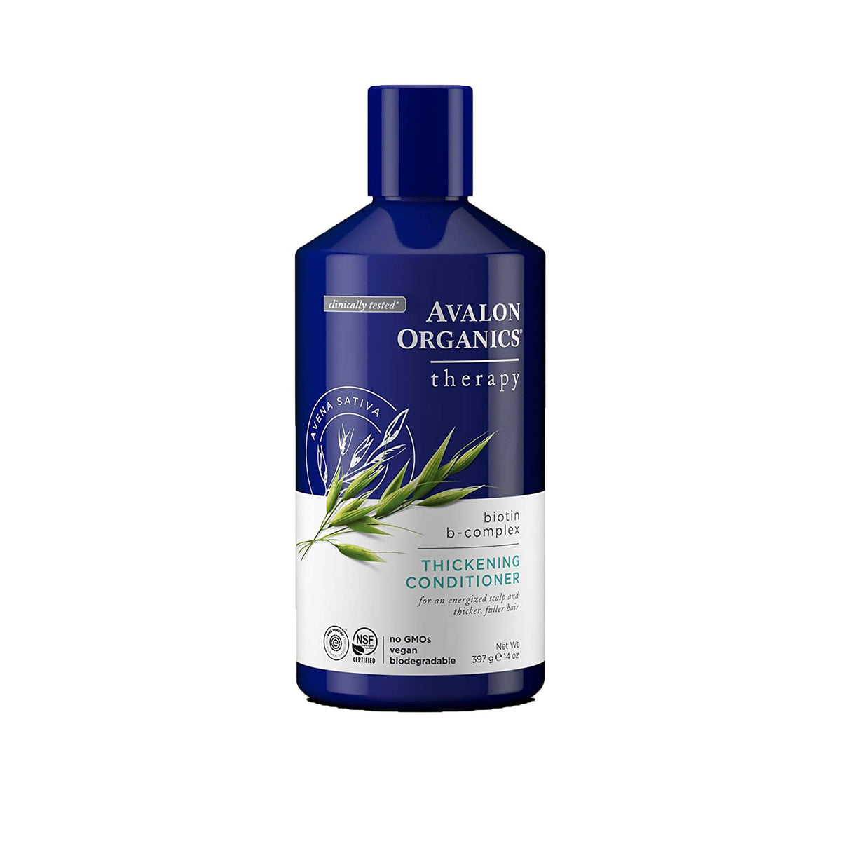 Avalon Organics Therapy Biotin B-Complex bouteille épaisse et recyclable pour soin capillaire biologique.