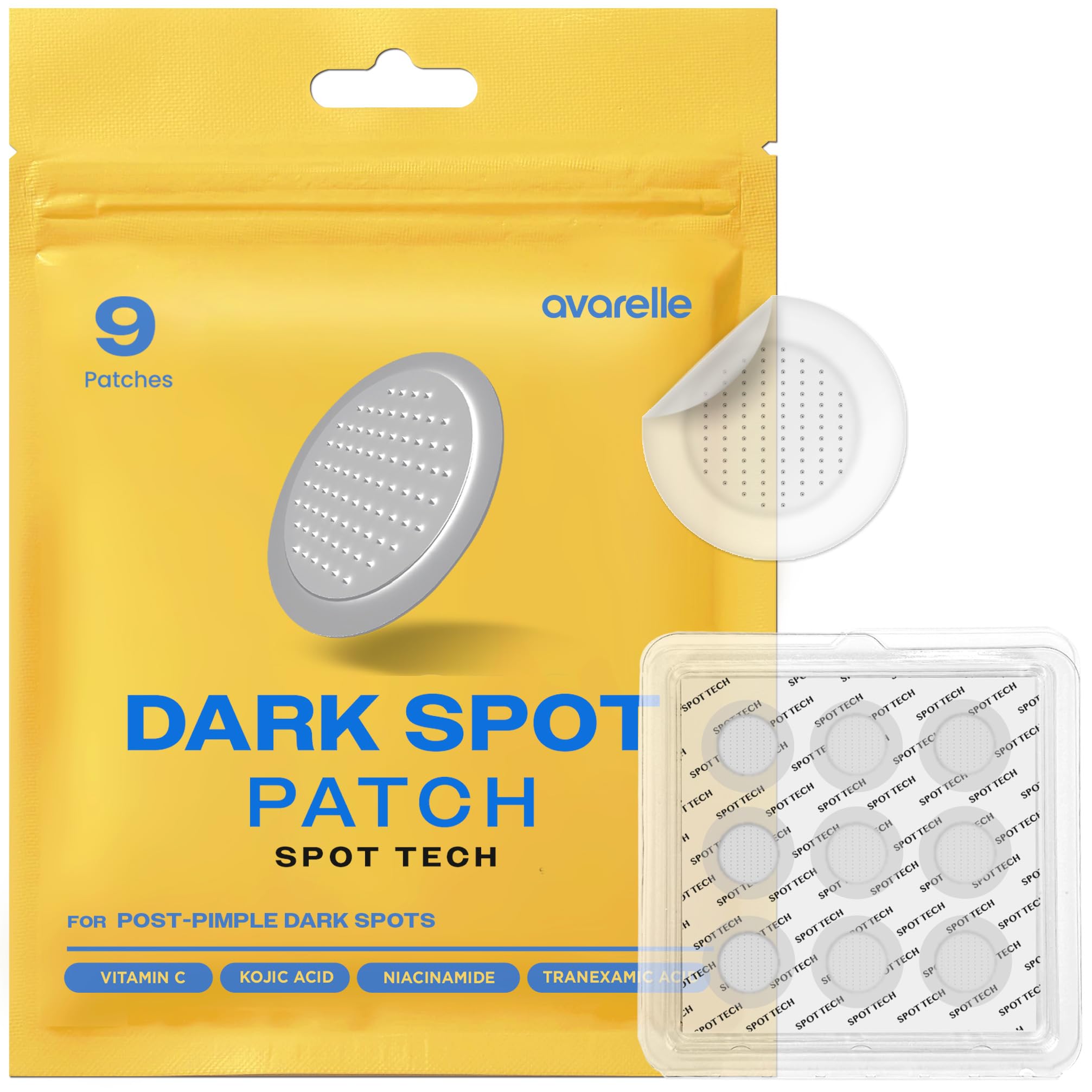 AVARELLE patch taches emballage, solution ciblée post-acné.