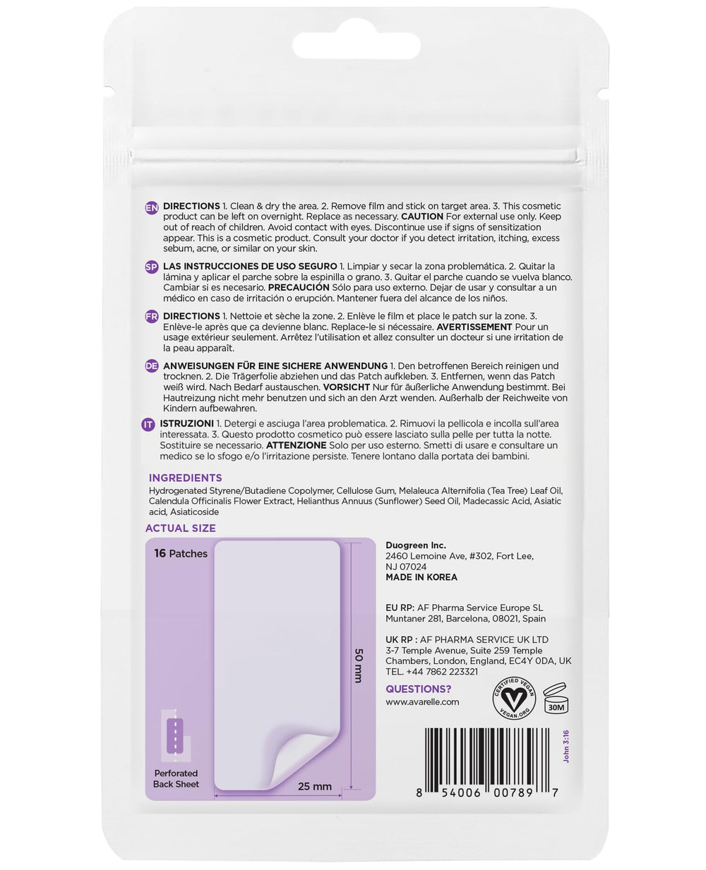 Patch AVARELLE front nez menton, couvrant les zones difficiles pour une peau lisse.