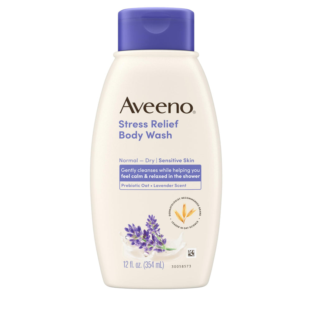 Gel douche Aveeno Stress Relief, texture veloutée lavande, douceur peau sensible.