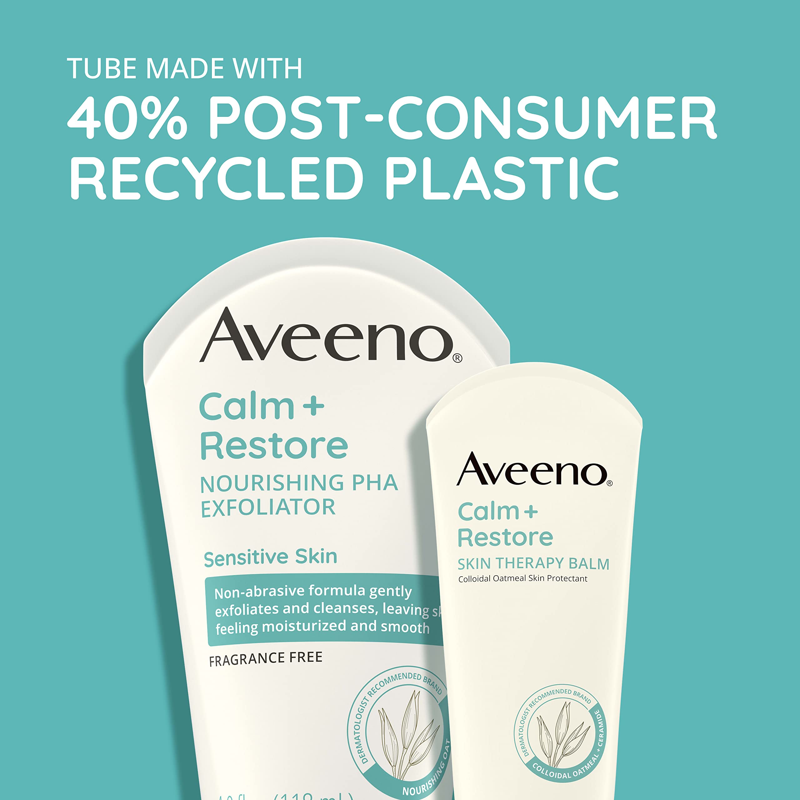 Application Aveeno Calm + Restore sur peau sensible pour exfolier en douceur.