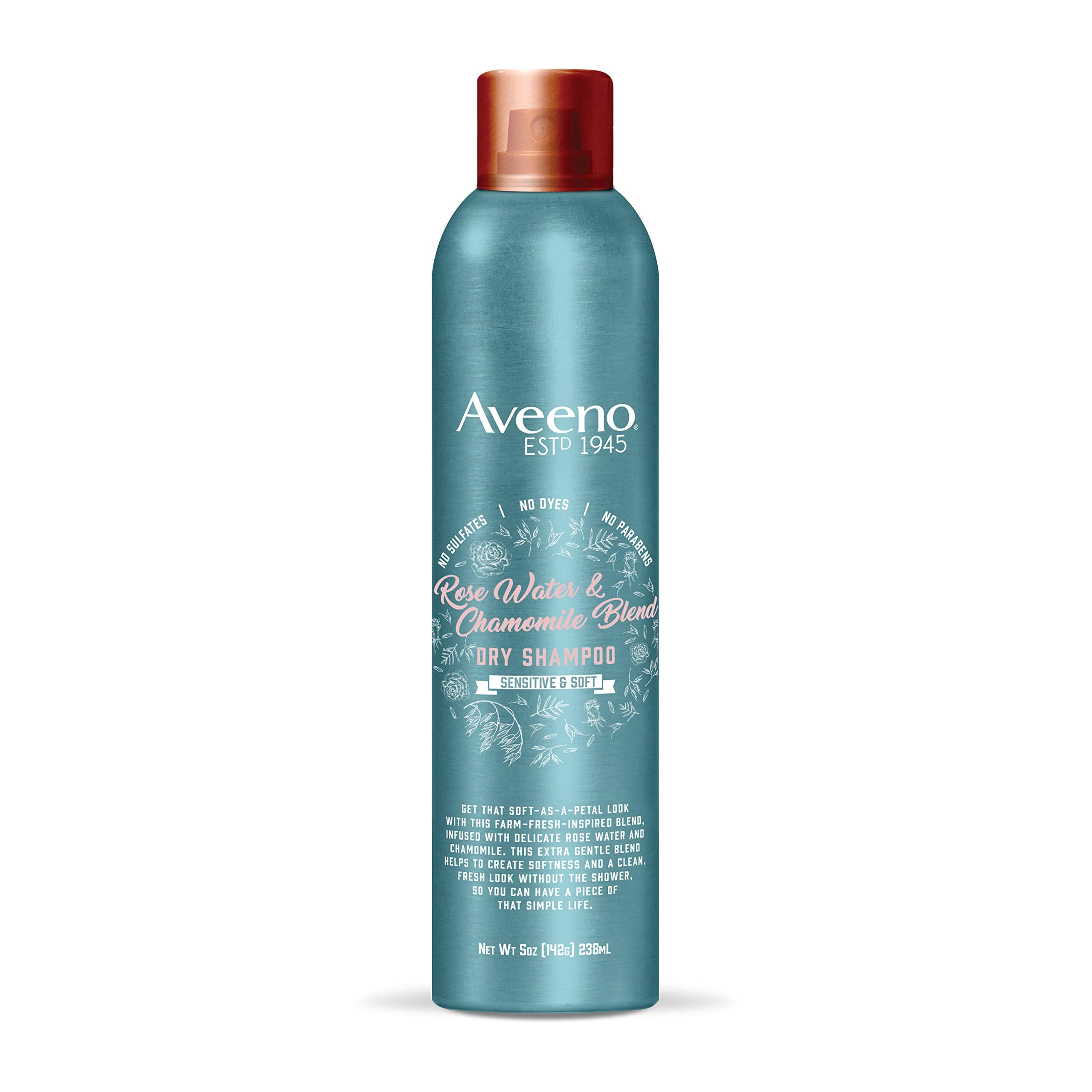 Aveeno shampooing sec, bouteille rose camomille, fraîcheur rapide sans lavage.