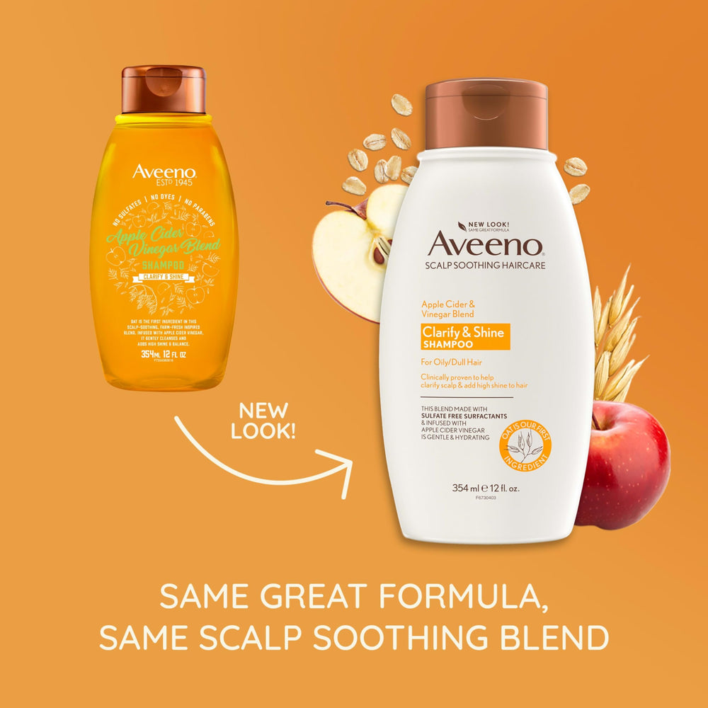 Aveeno etiquette montre l'emballage sans sulfates et respecte le cuir chevelu.