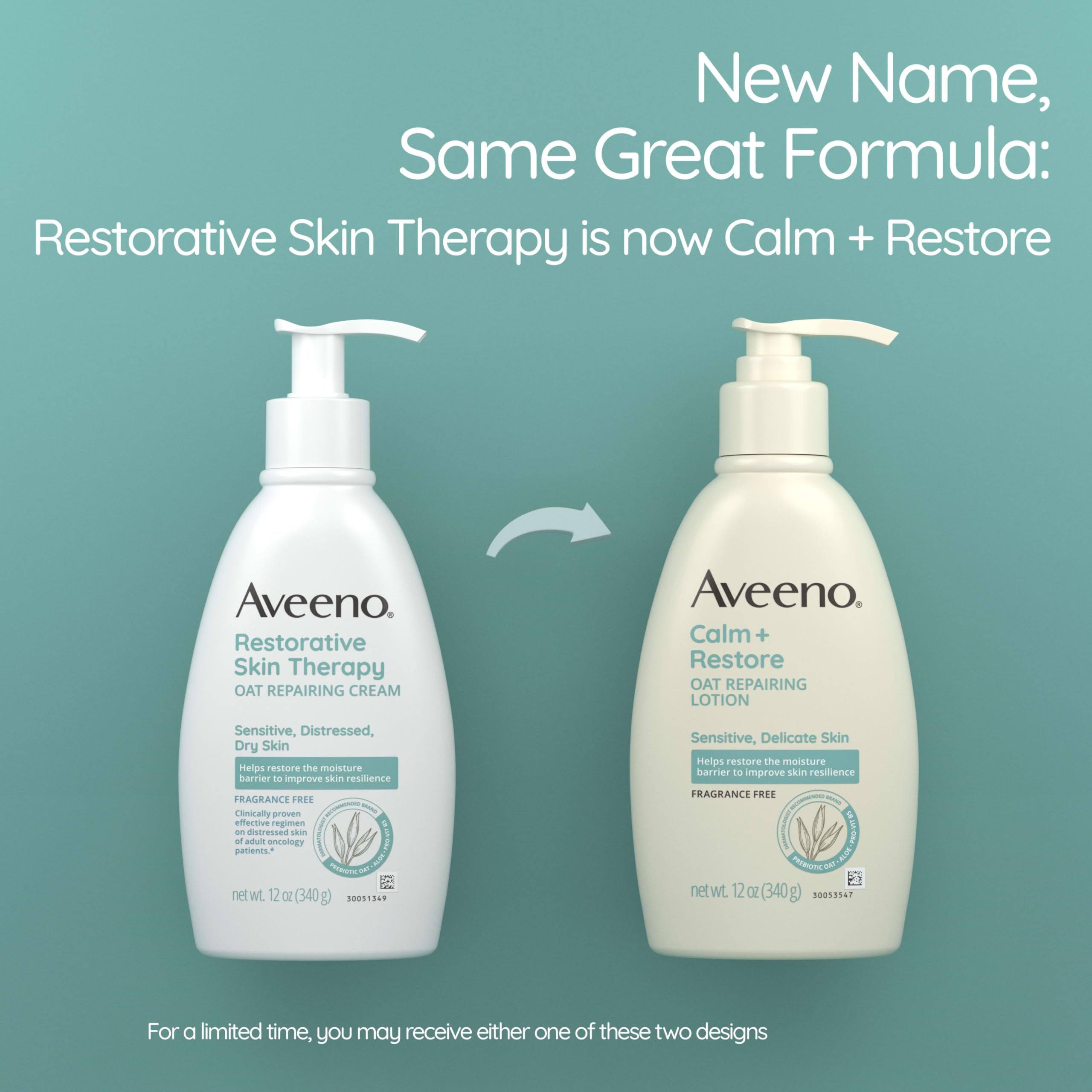 Aveeno Calm Restore: formule avoine et prébiotique pour peaux sensibles.