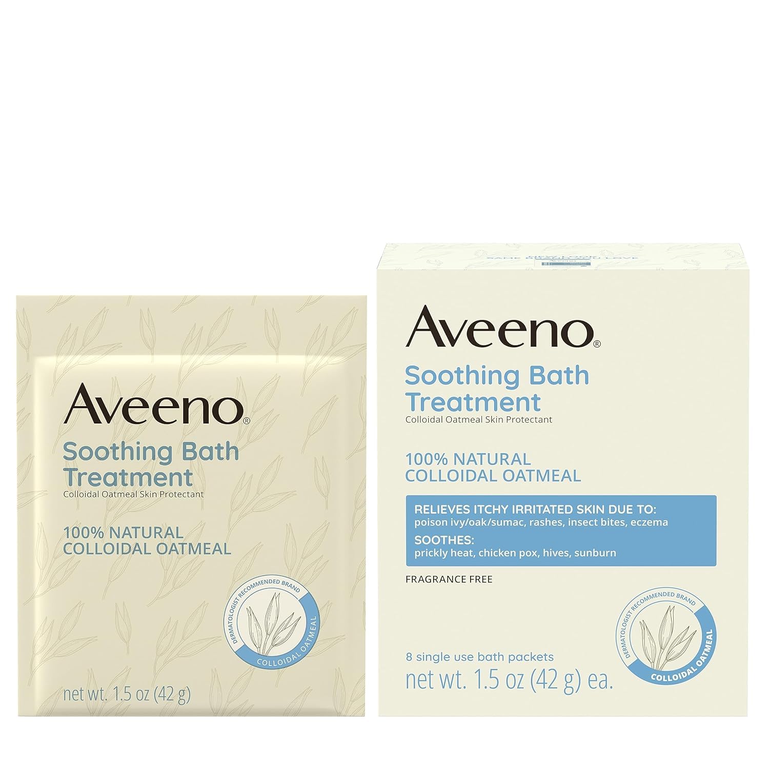 Sachets Aveeno individuels, dissolution facile dans l’eau chaude.