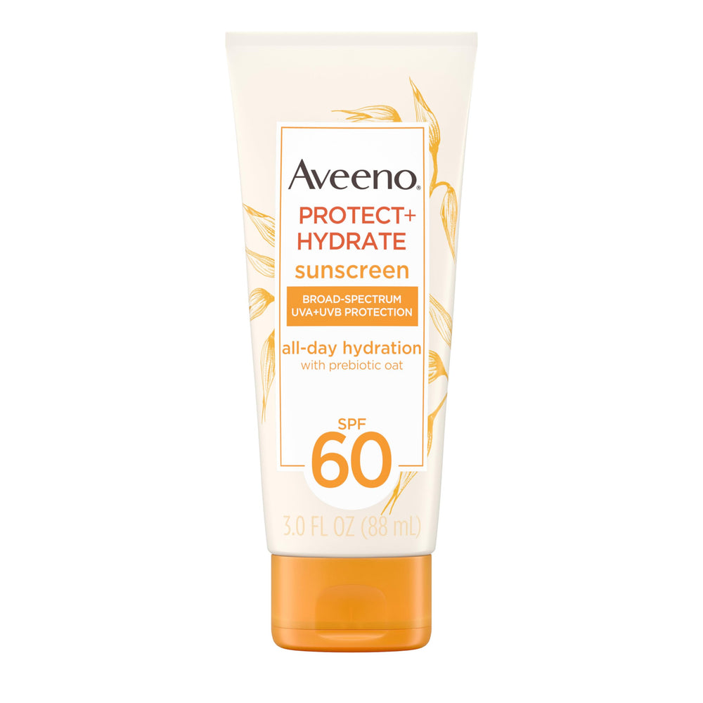 Aveeno Protect + Hydrate SPF 60 bottle showing lightweight protection for daily wear