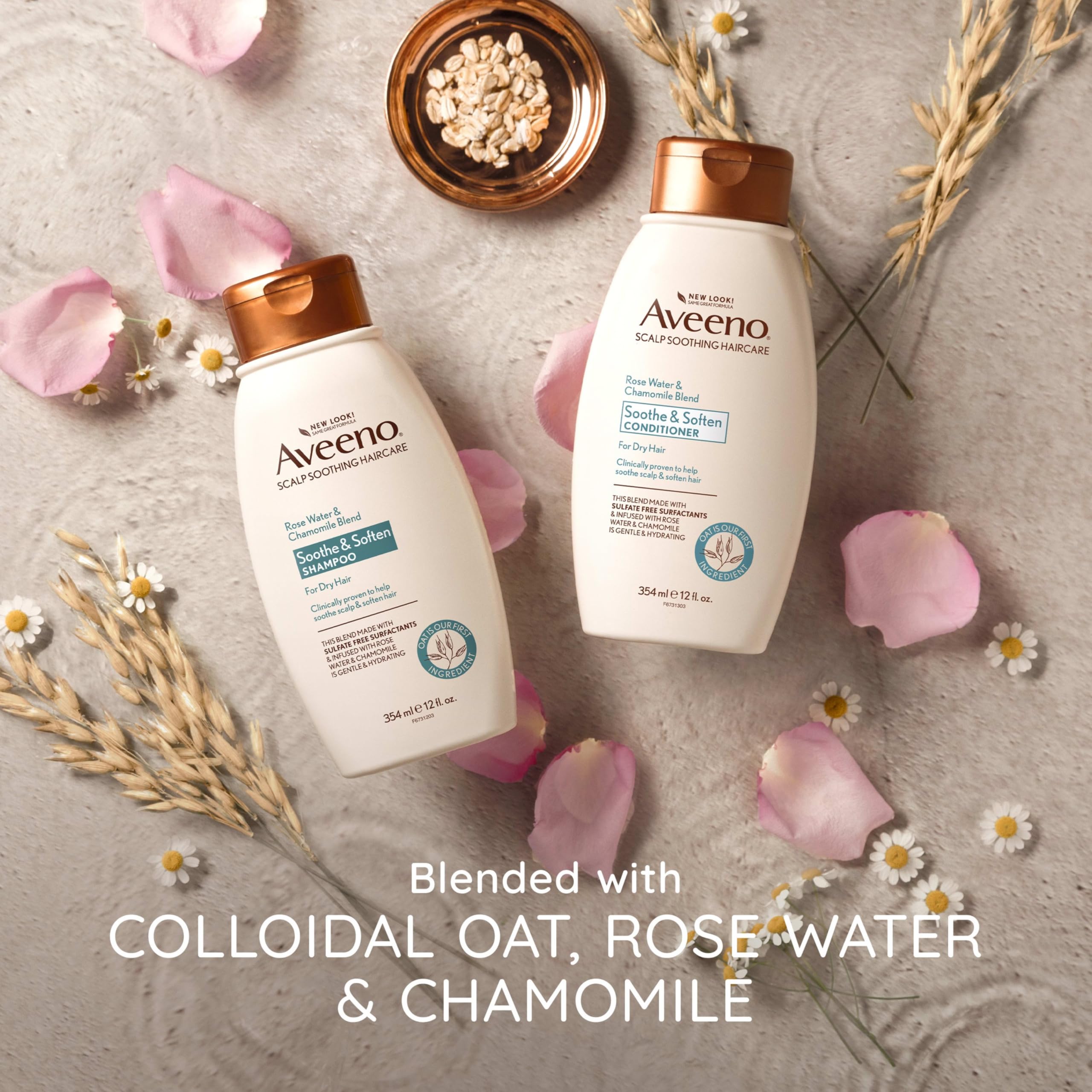 Aveeno Shampoing eau de rose et camomille – ingrédients avoine apaisants.