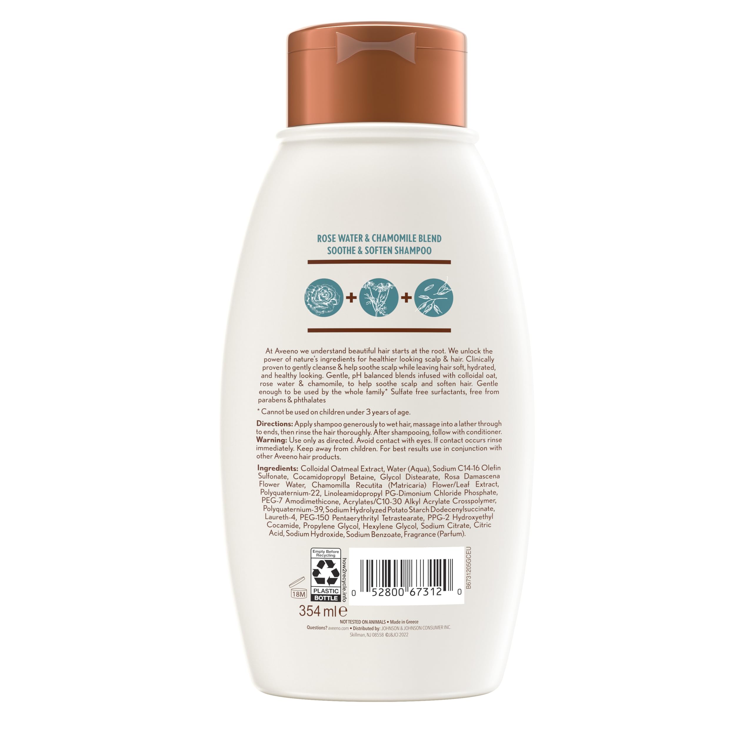 Aveeno Shampoing eau de rose et camomille – routine capillaire équilibrante.