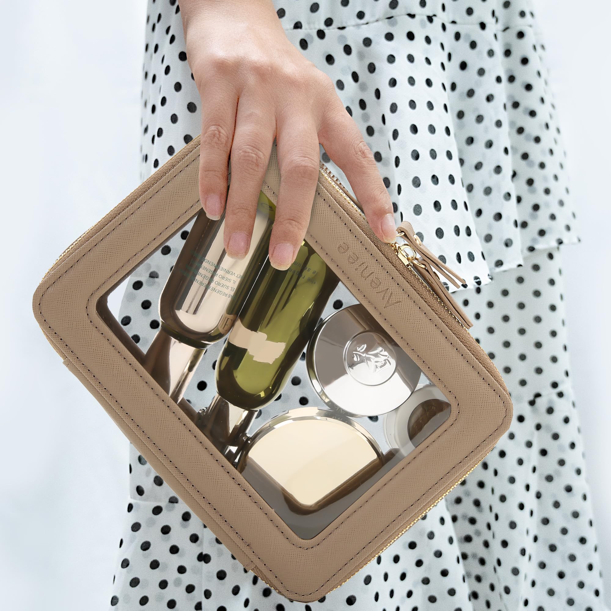 Aveniee trousse cosmétique taupe transparente, compagnon pratique pour les voyages.