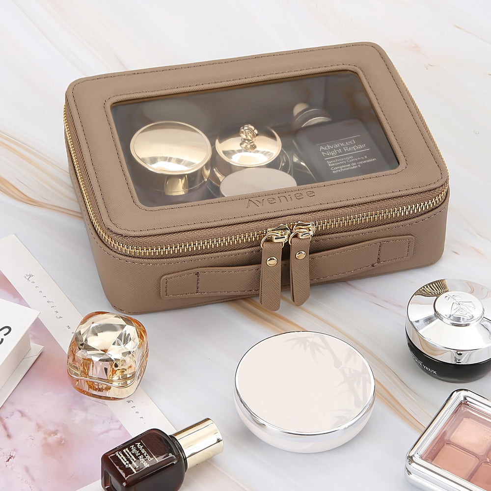 Aveniee trousse de soins taupe transparente, compartiments pratiques pour crèmes et pinceaux.