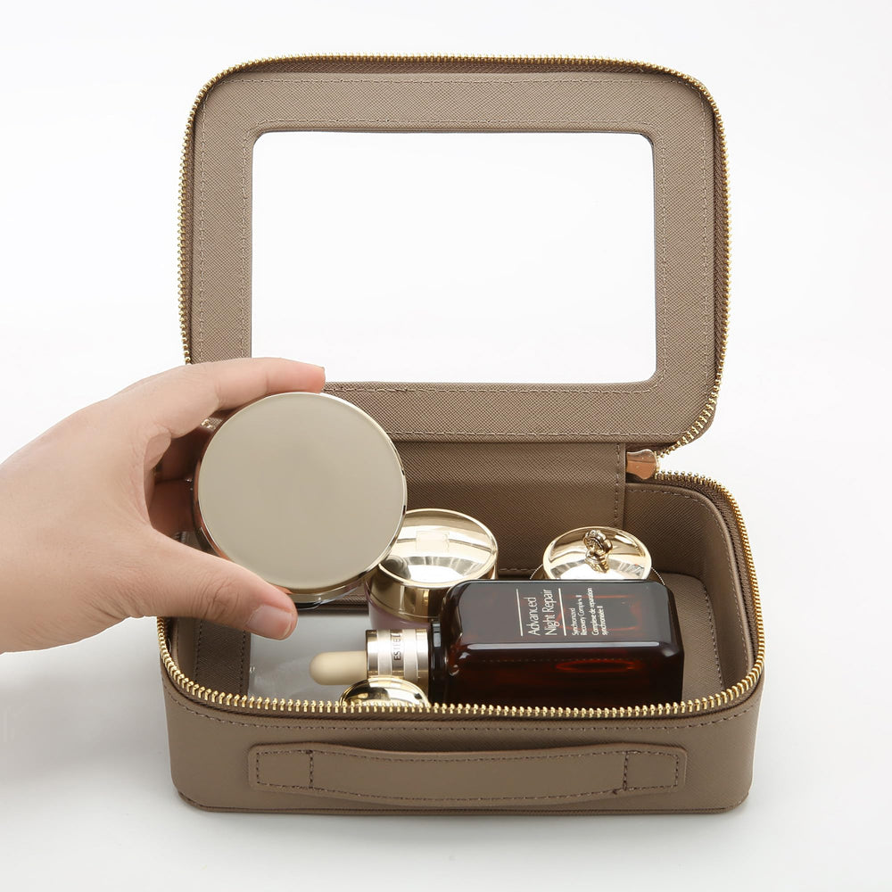 Aveniee pochette beauté taupe transparente, idéal pour trier les produits lors de déplacements.