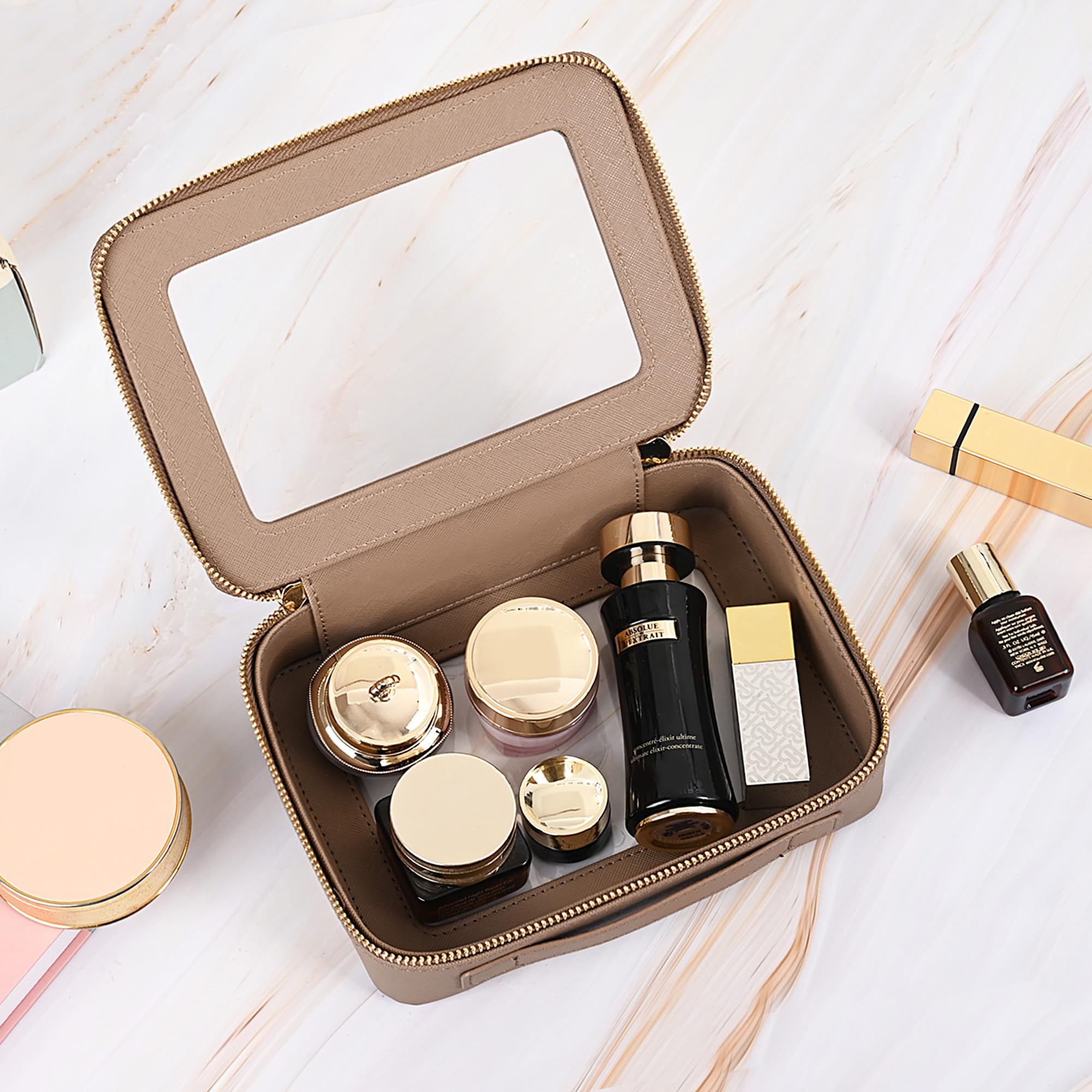 Aveniee rangement cosmétique taupe, organisation compacte pour voyage et domicile.
