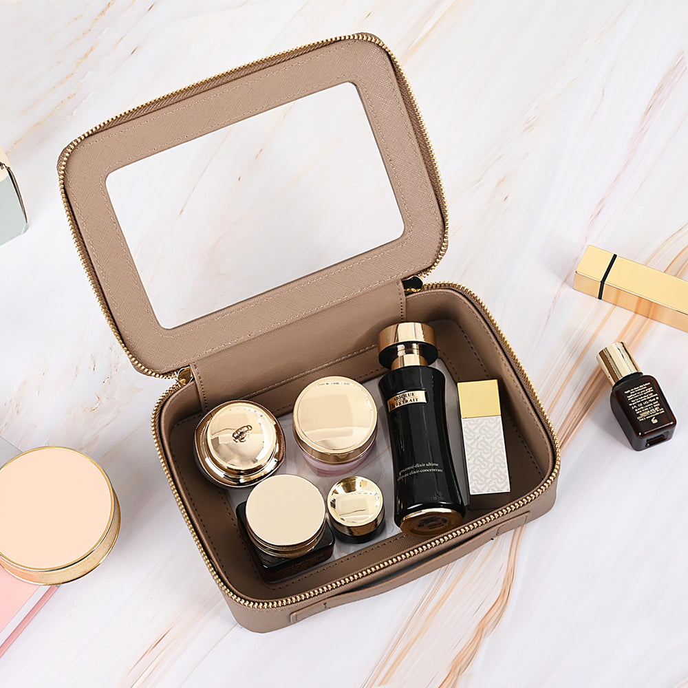 Aveniee rangement cosmétique taupe, organisation compacte pour voyage et domicile.