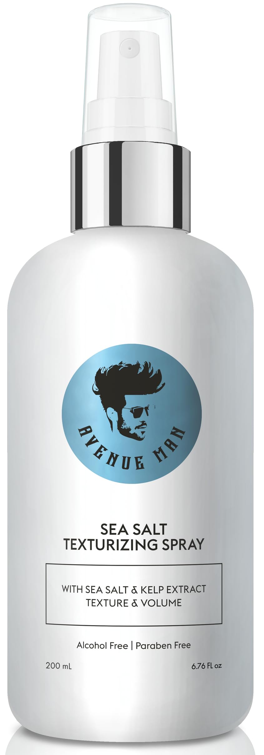 Avenue Man spray sel marin en bouteille, texture légère et volume naturel.