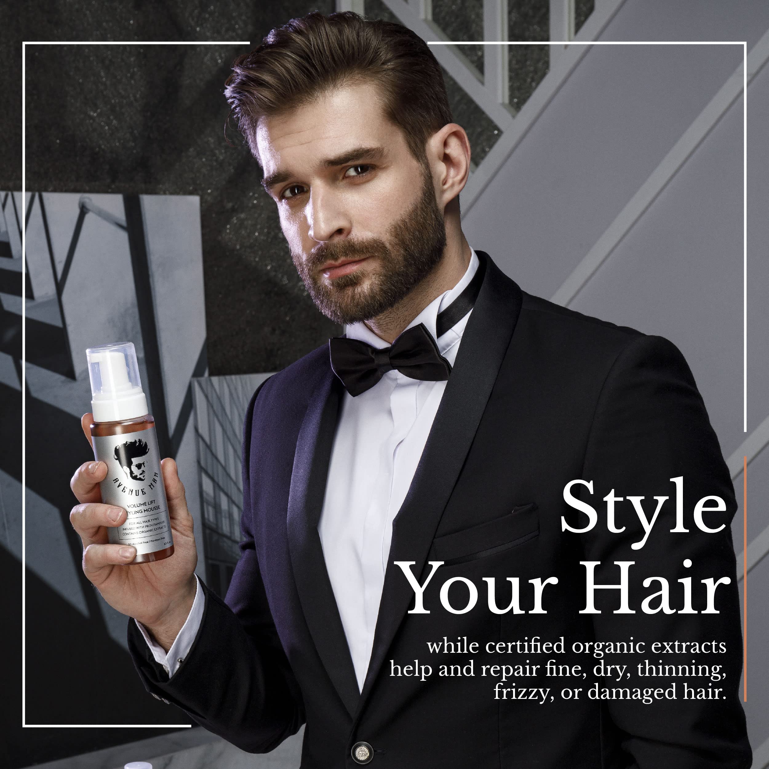 Avenue Man Volume Lift Mousse contient extrait de thé vert pour protection.