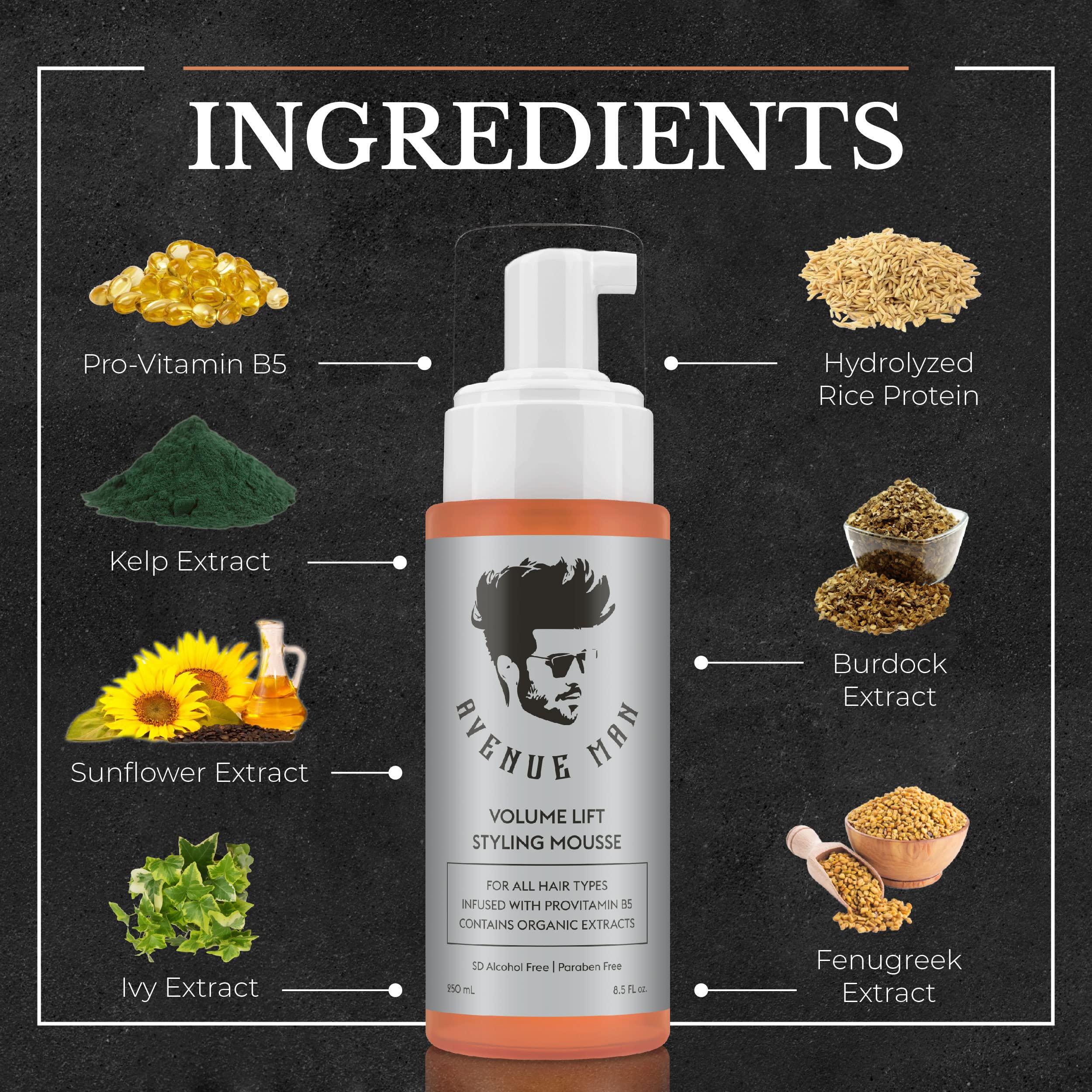 Avenue Man Volume Lift Mousse avec protéines de soie pour brillance et force.