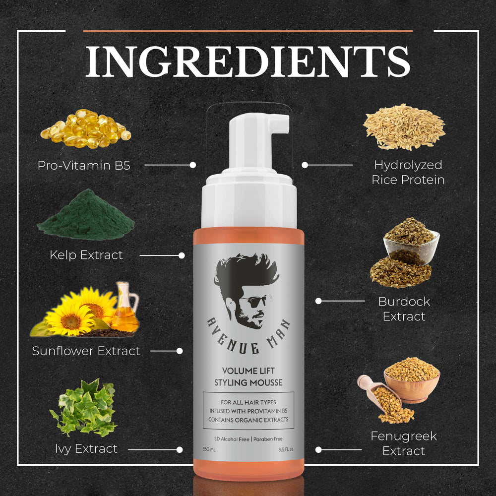 Avenue Man Volume Lift Mousse avec protéines de soie pour brillance et force.