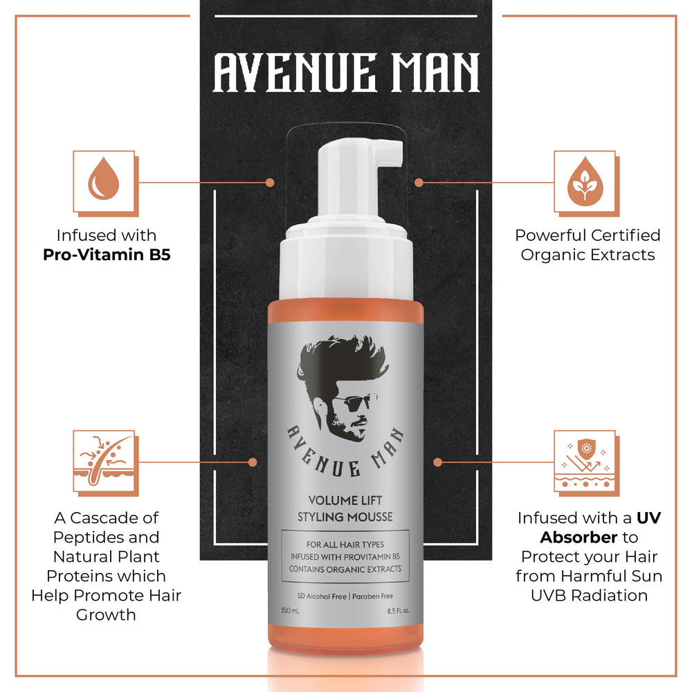Avenue Man Volume Lift Mousse montre texture mousseuse qui apporte du corps.