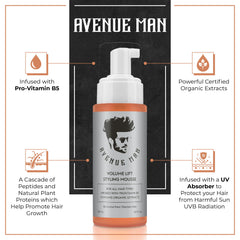 Avenue Man Volume Lift Mousse montre texture mousseuse qui apporte du corps.
