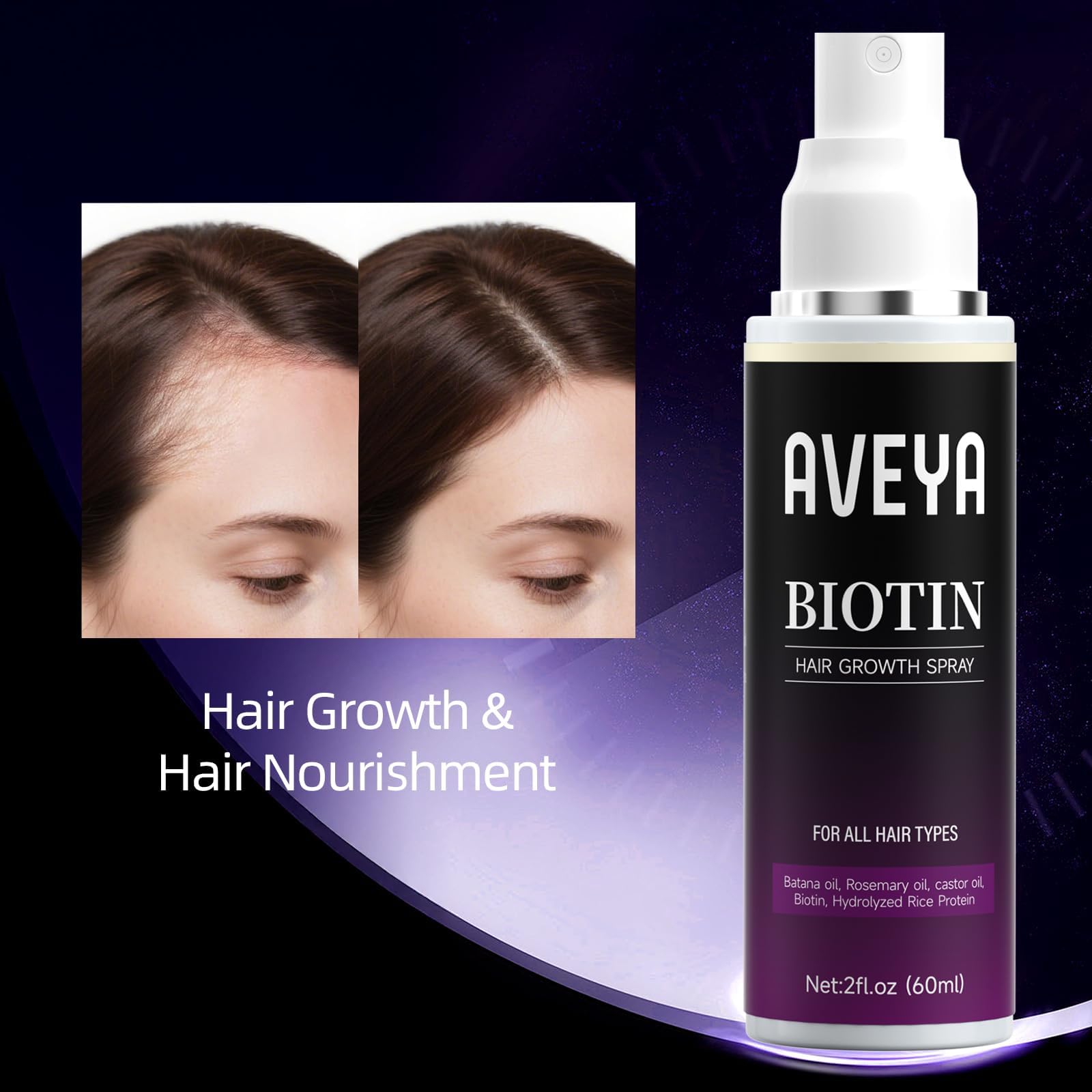 AVEYA Spray Croissance Cheveux – Emballage élégant et pratique pour routine rapide.