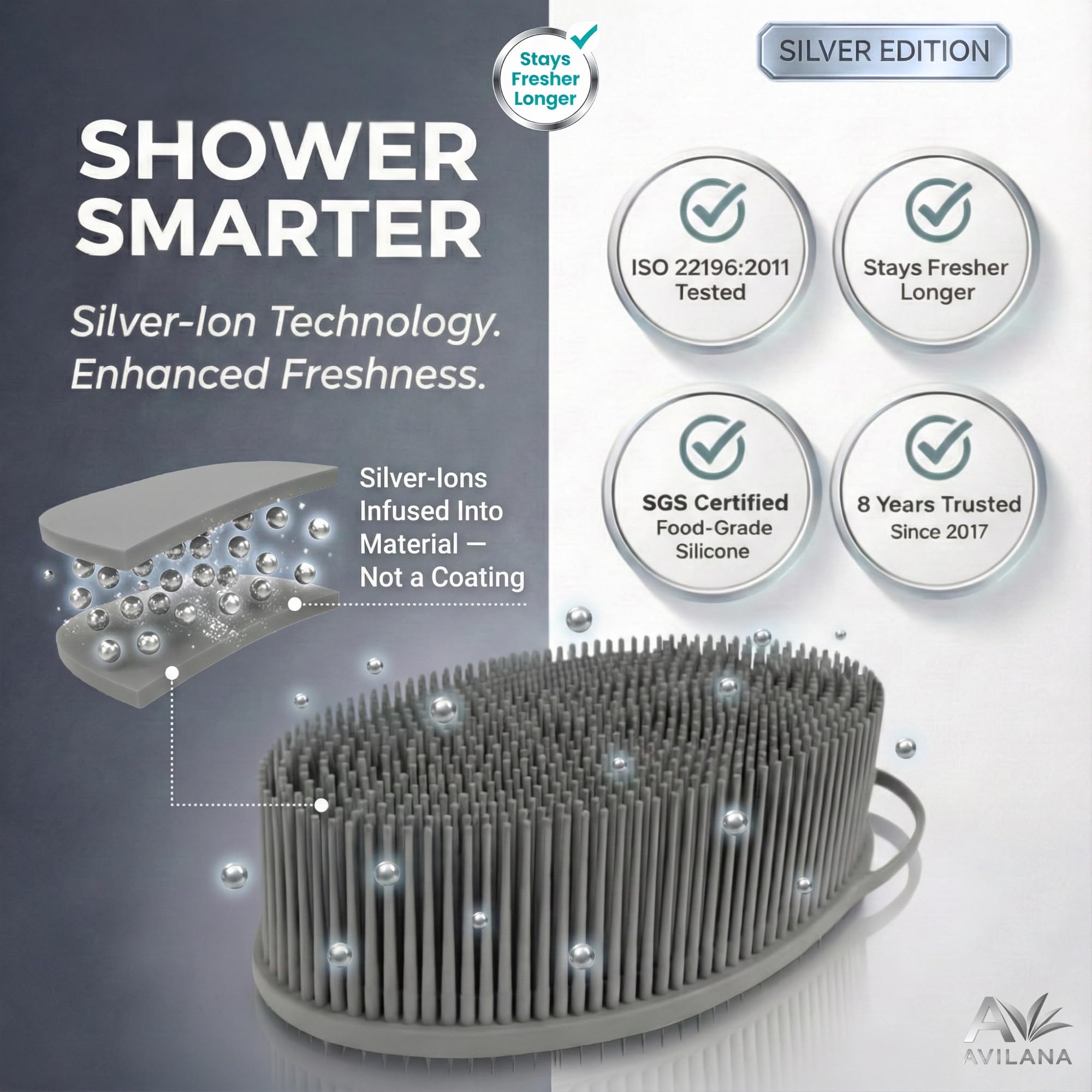 Avilana Silver Edition : silicone argenté infusé pour une fraîcheur durable.