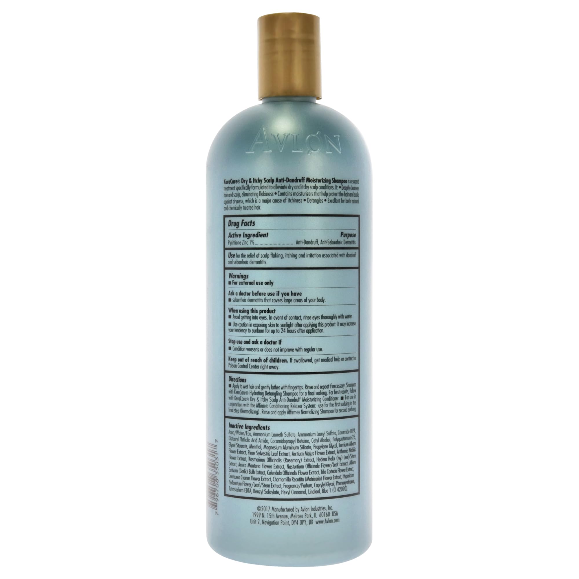 Étiquette du shampoing Avlon KeraCare montrant les propriétés hydratantes.